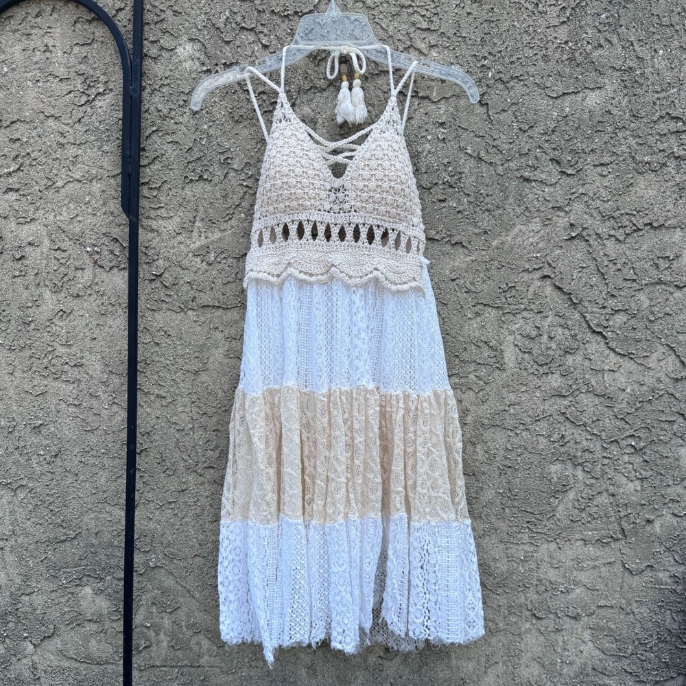 Unbranded Crochet Lace Tiered Dress Women White Cream Boho Halter Tassels